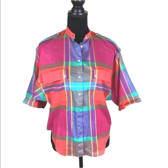VINTAGE JAEGER VIBRANT PLAID SHORT SLEEVES SHIRT - Picture 1 of 11